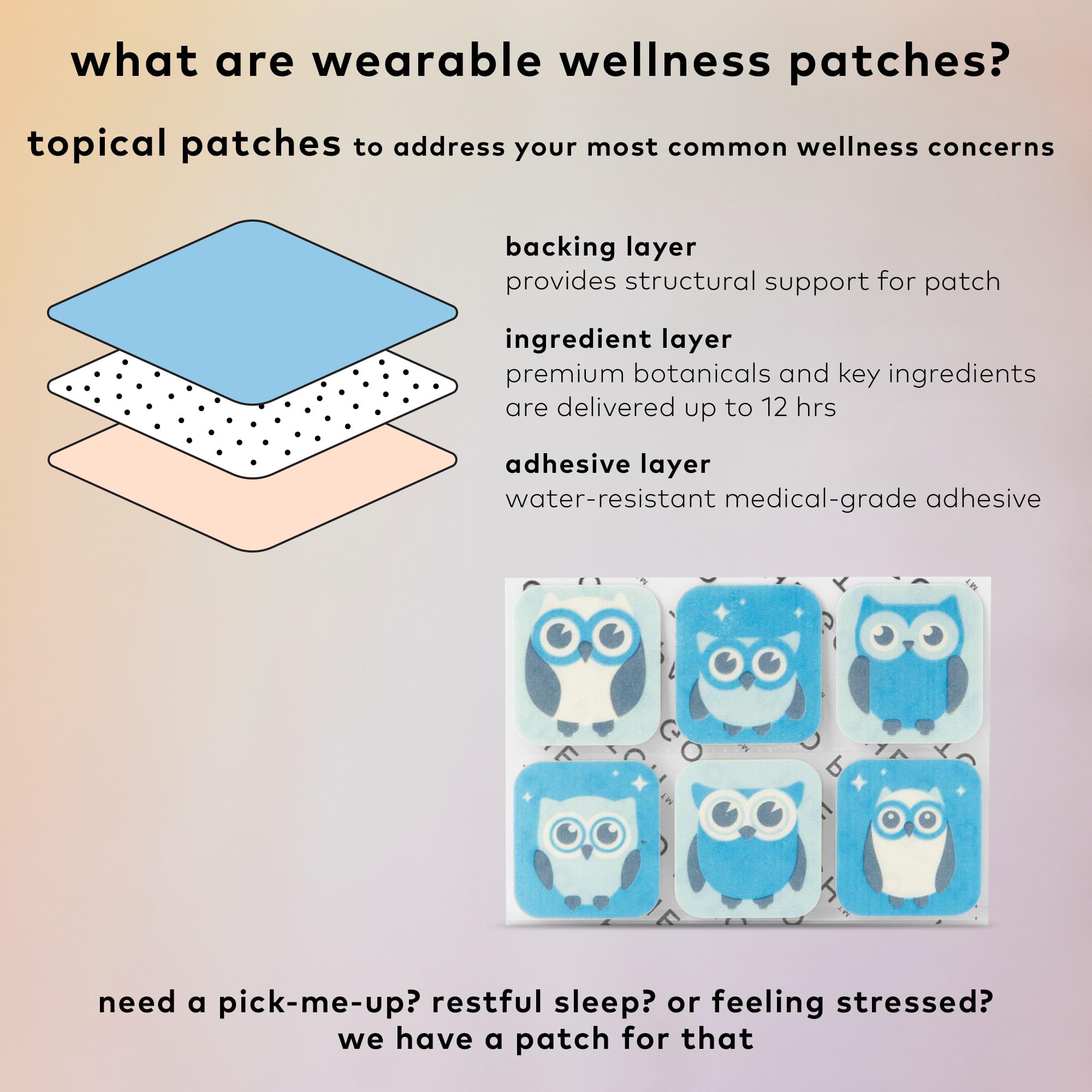 The Good Patch Nite Owl patch highlighting gluten-free and vegan attributes.