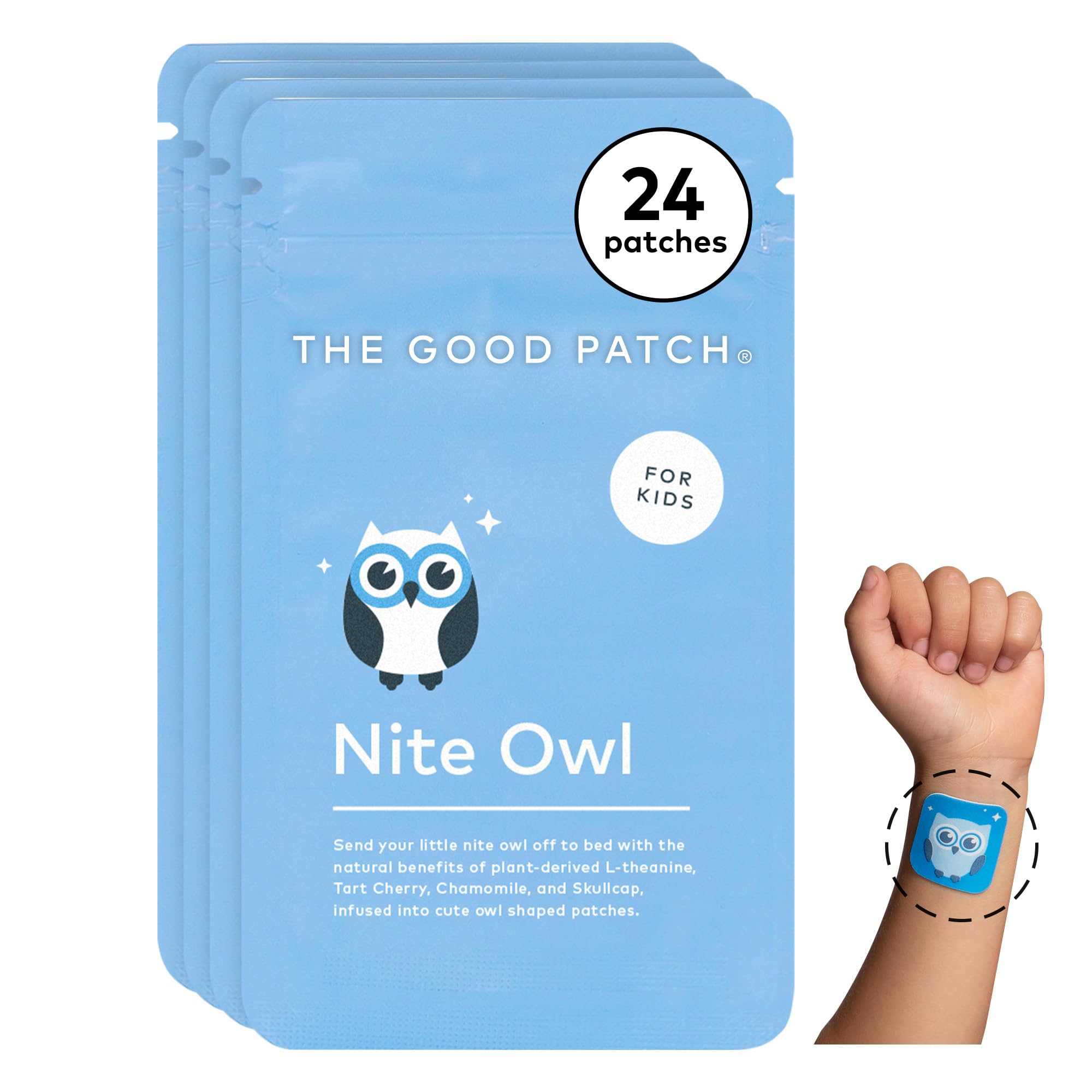The Good Patch Nite Owl patch on a child's inner wrist for bedtime calm.
