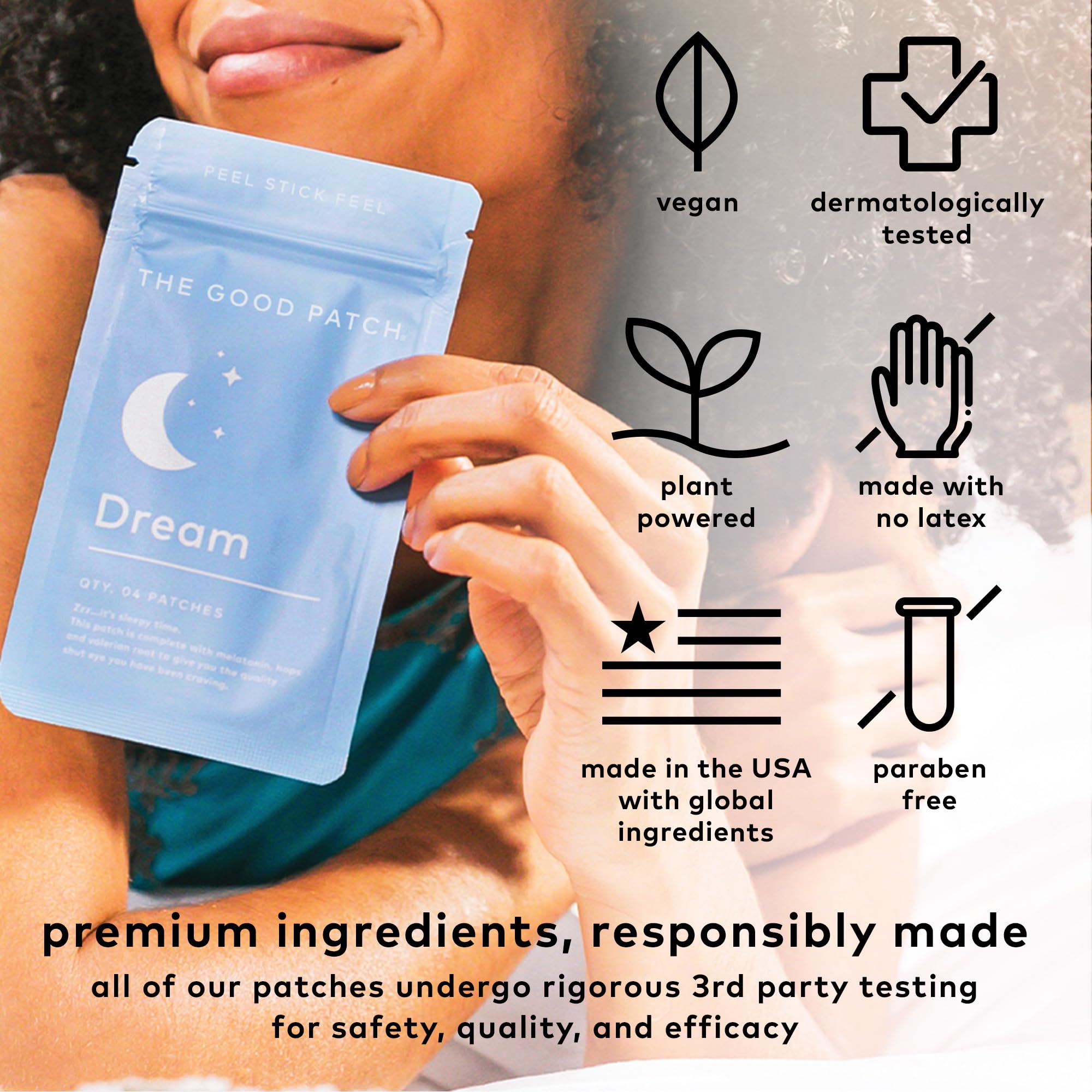 The Good Patch ingredients melatonin hops valerian for plant-powered rest.