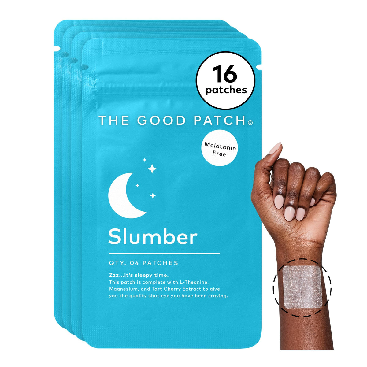 The Good Patch Slumber Patch on arm for a calming pre-bed routine.