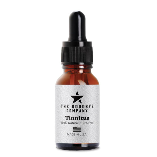 The Goodbye Company tinnitus relief bottle closeup for natural ear comfort
