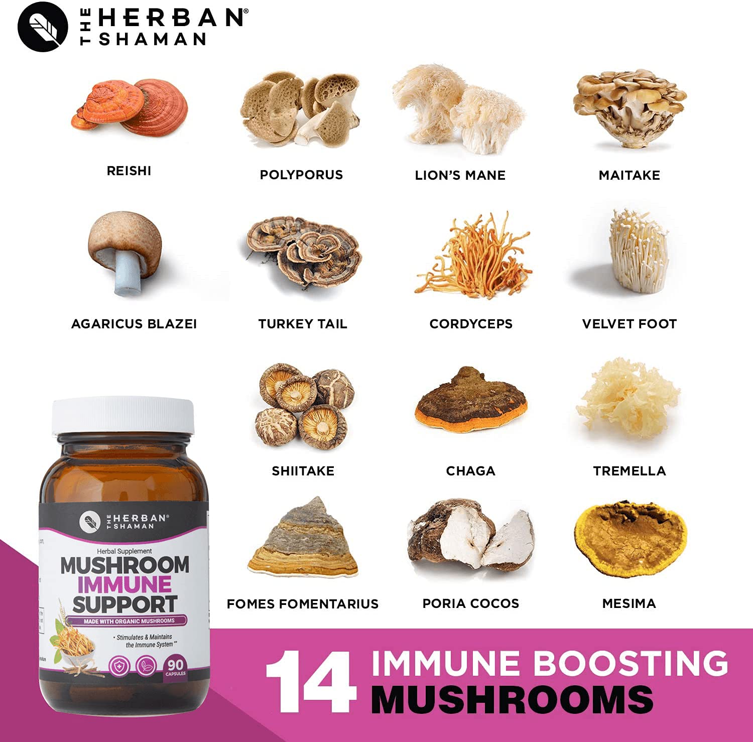 The Herban Shaman capsule tray with shiitake and cordyceps, rich in polysaccharides.