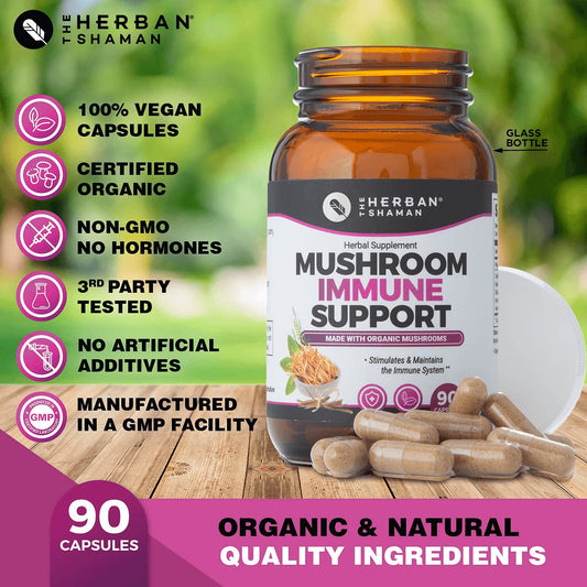 The Herban Shaman capsules close-up highlight plant-based immune support for daily resilience.