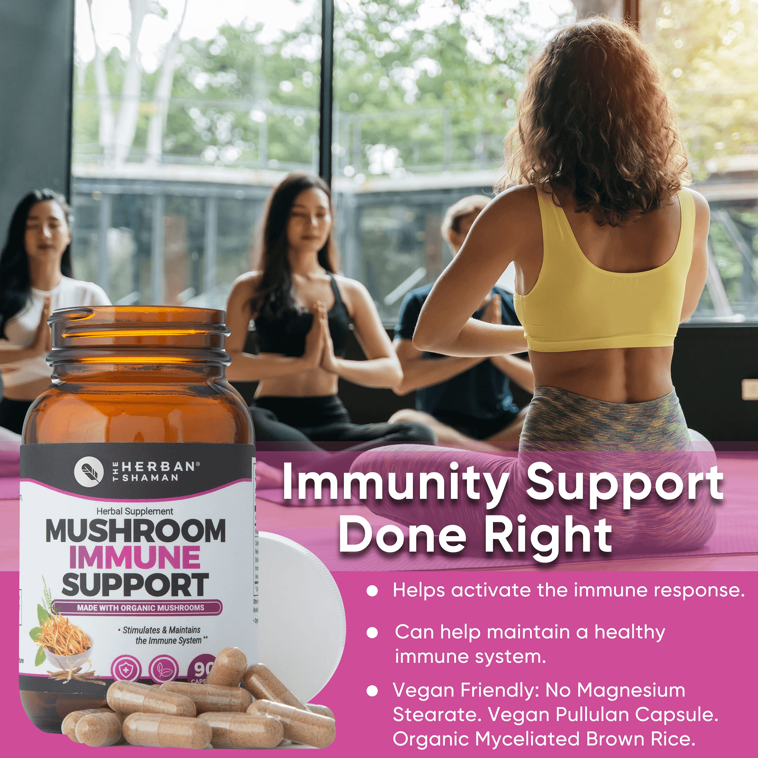 The Herban Shaman mushroom blend featuring turkey tail and reishi mushrooms for immune balance.