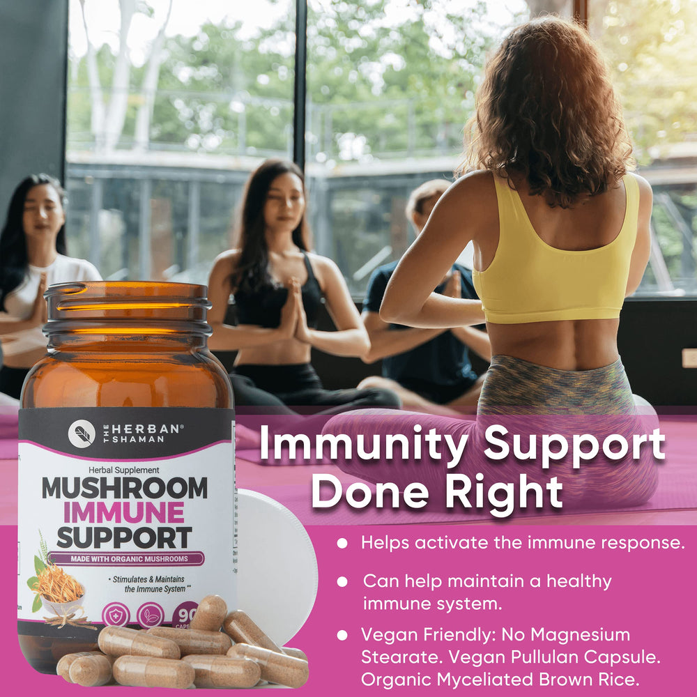 The Herban Shaman mushroom blend featuring turkey tail and reishi mushrooms for immune balance.