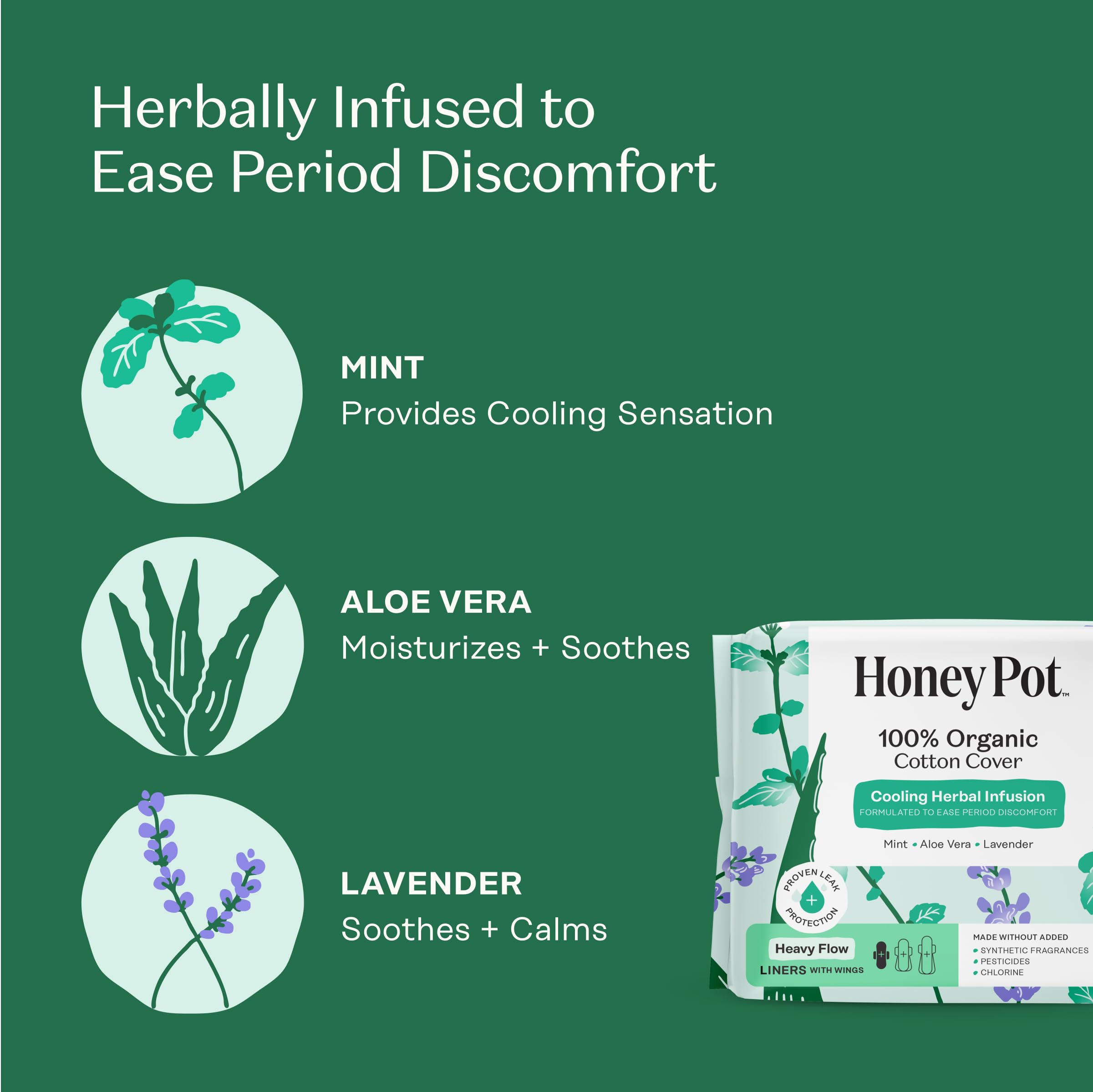 The Honey Pot 80ct cooling effect herbal liners: refreshing feel during heavy flow days.