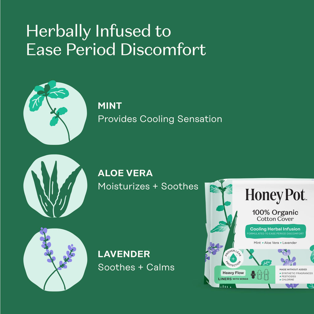 The Honey Pot 80ct cooling effect herbal liners: refreshing feel during heavy flow days.