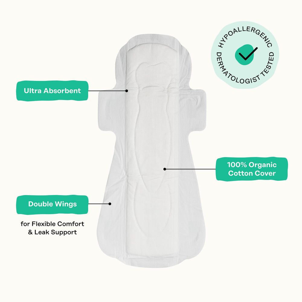 Absorbent wood pulp core in The Honey Pot Company pad for heavy flows.