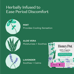 The Honey Pot herbal infusion pads with lavender, rose, aloe, and mint for cooling.