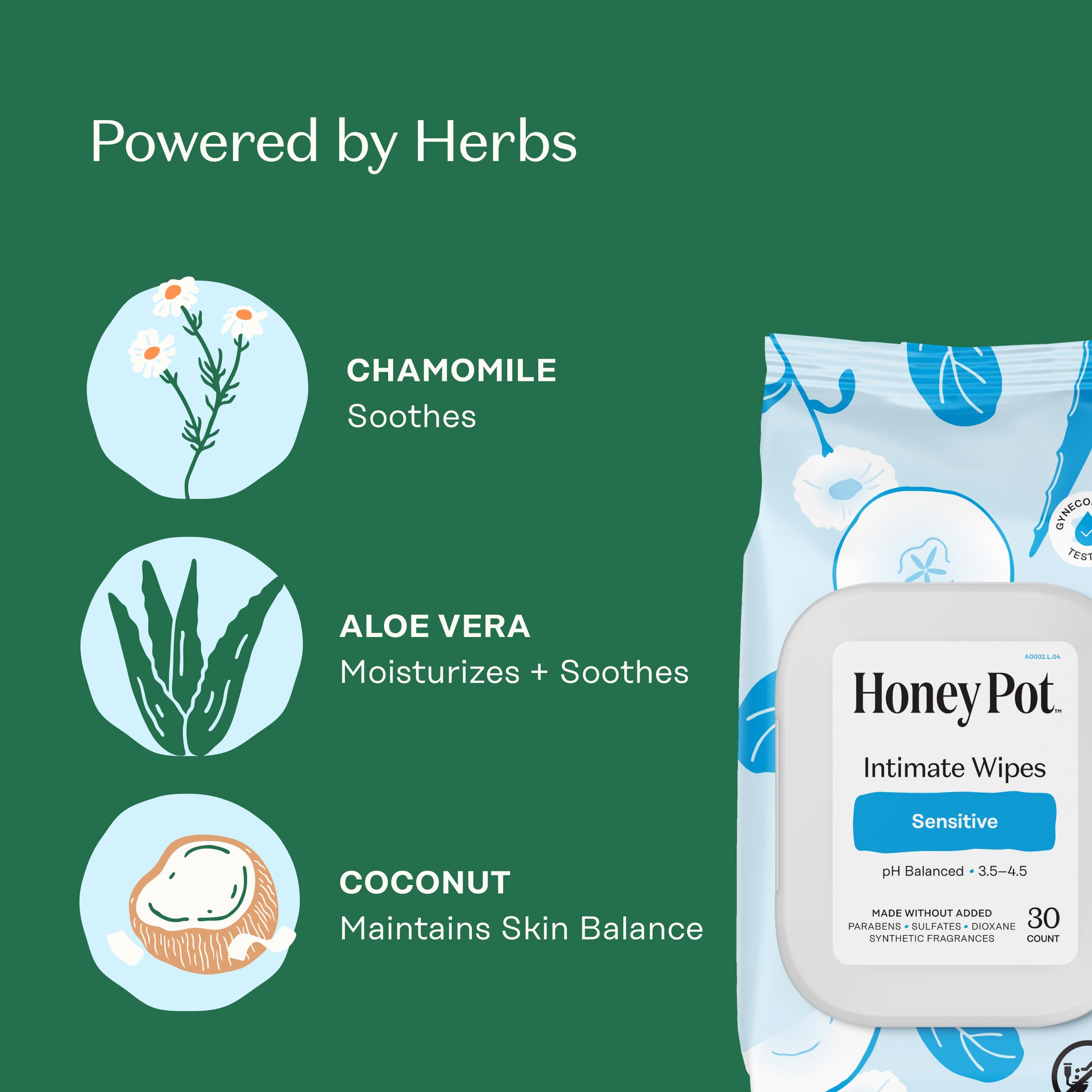 The Honey Pot Sensitive Feminine Wipes plant-derived ingredients soothe and moisturize skin.