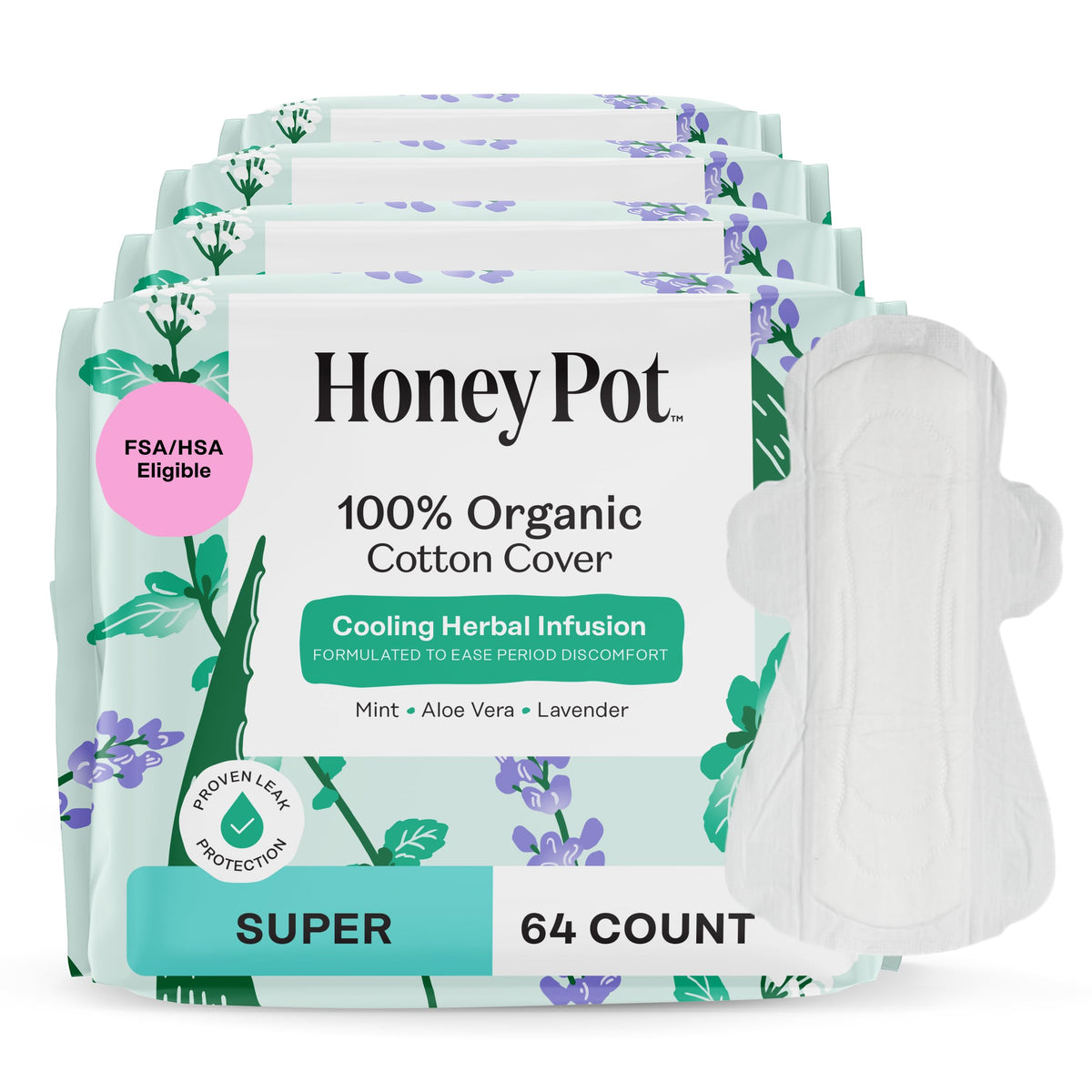 The Honey Pot Herbal Super Pads with wings pack shot showing full 64-count protection