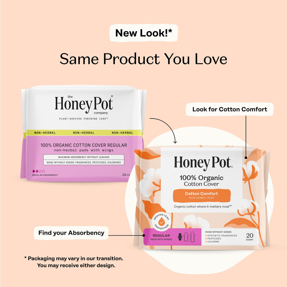 The Honey Pot non-herbal regular pads with wings core-absorbency highlights secure protection.