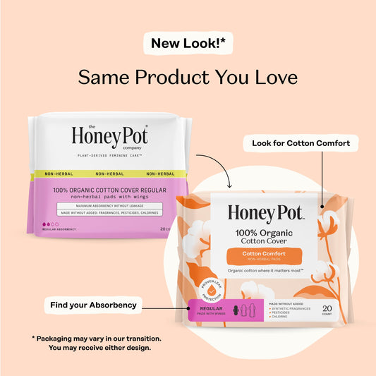 The Honey Pot non-herbal regular pads with wings core-absorbency highlights secure protection.