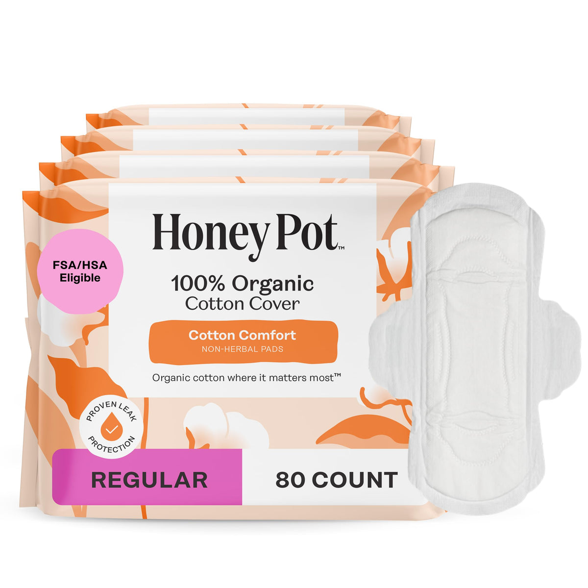 The Honey Pot non-herbal regular pads with wings cover for all-day protection.