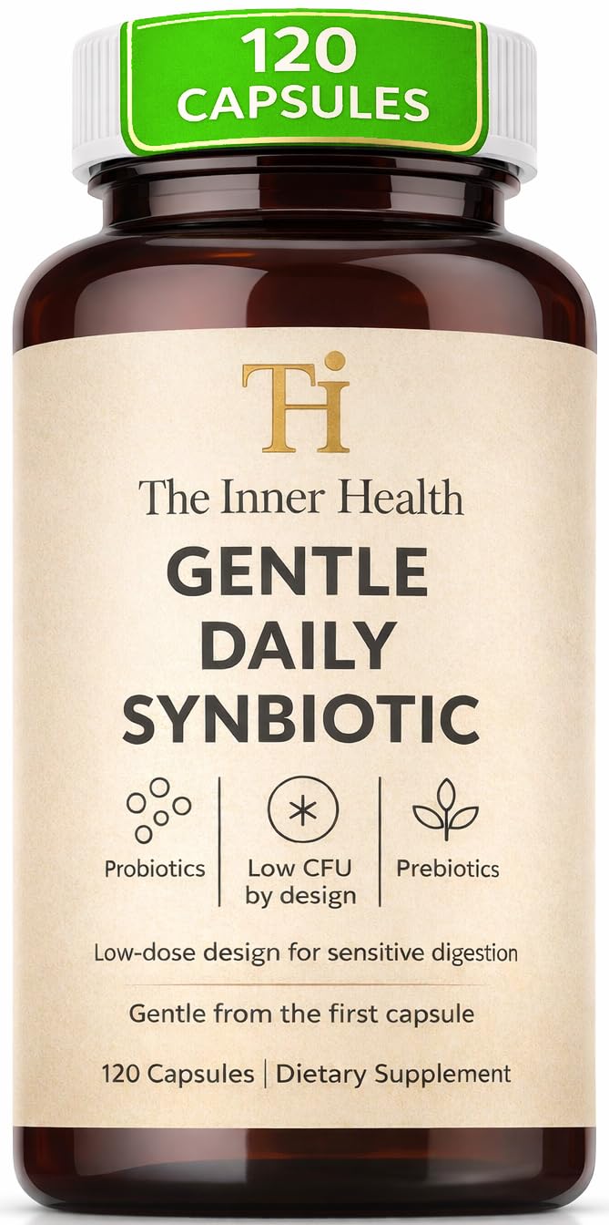 The Inner Health Gentle Synbiotic bottle supports a gentle daily gut routine.