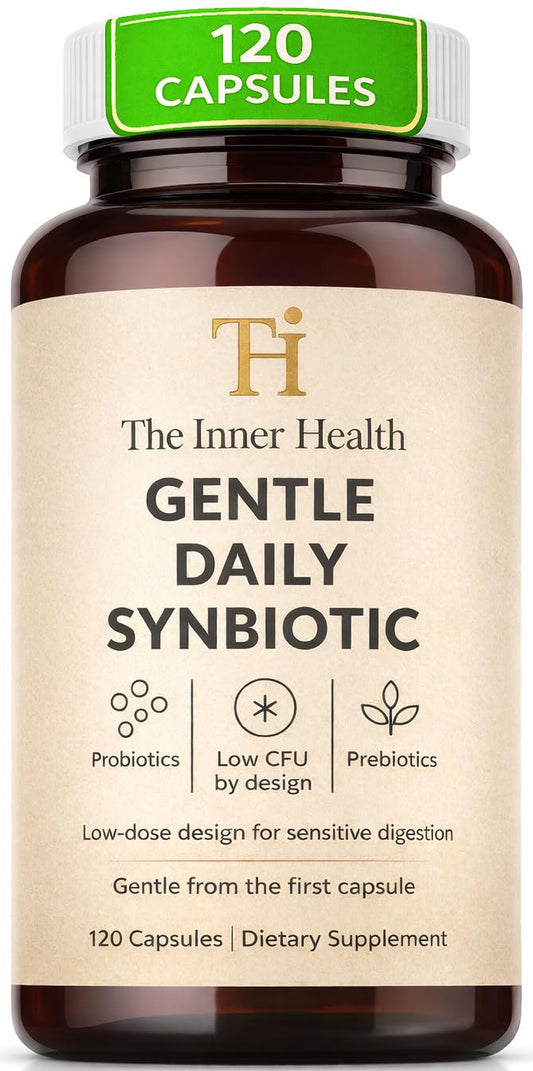 The Inner Health Gentle Synbiotic bottle supports a gentle daily gut routine.