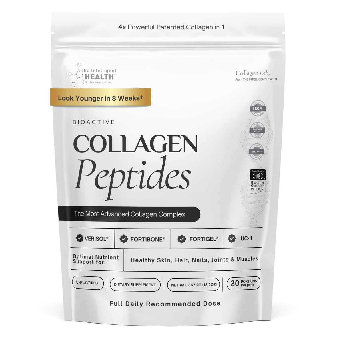 The Intelligent Health bioactive collagen powder bottle for everyday collagen nutrition in beverages