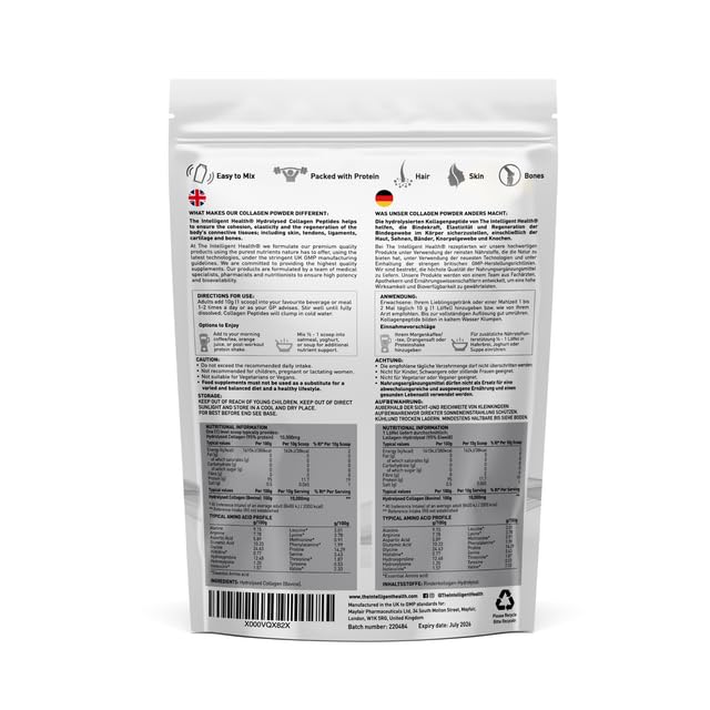 The Intelligent Health collagen powder 1kg packaging stands ready for ongoing use