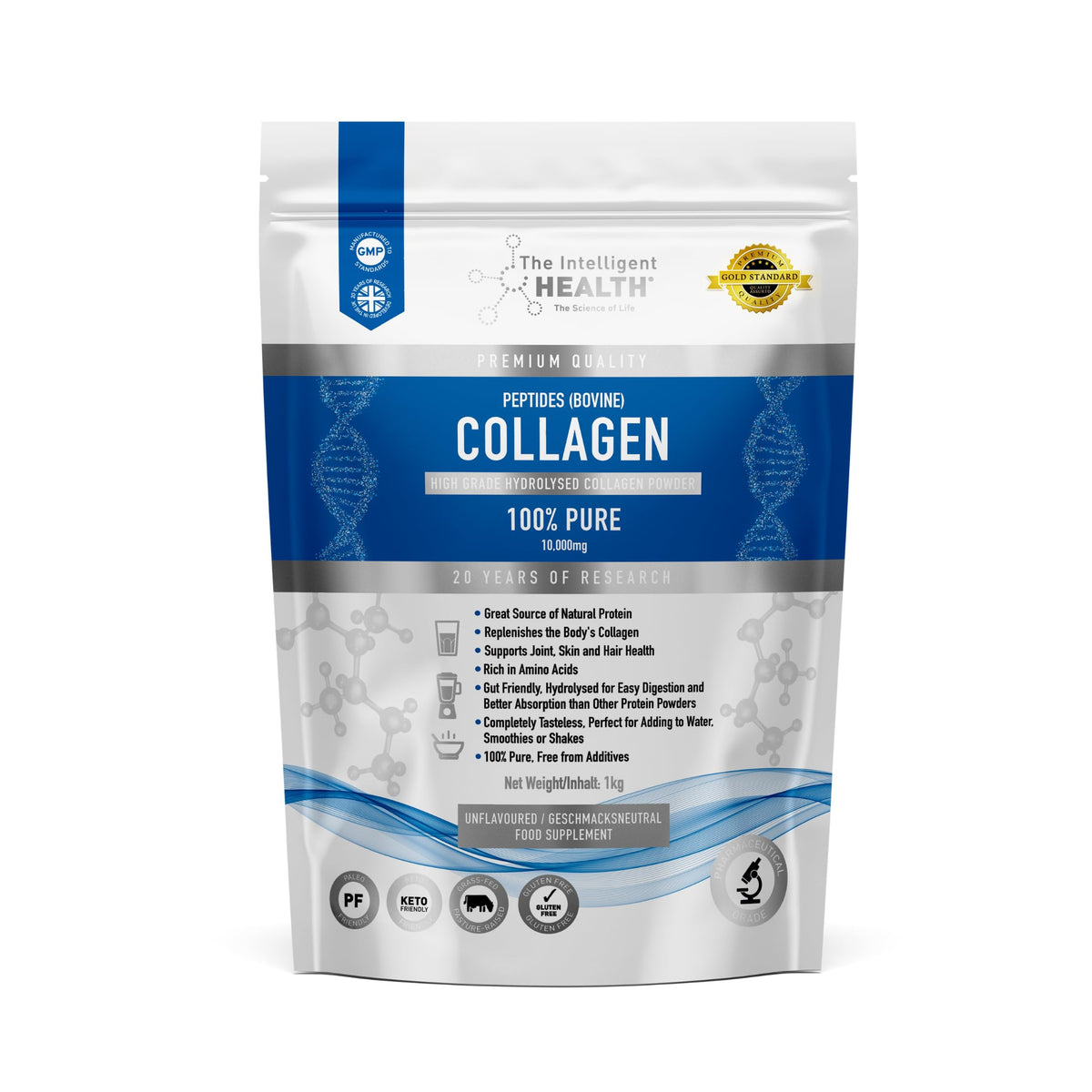 The Intelligent Health collagen powder bottle shows grass-fed formula for daily wellness and joint support