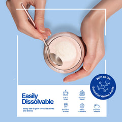 The Intelligent Health collagen powder sits on a kitchen counter beside oats