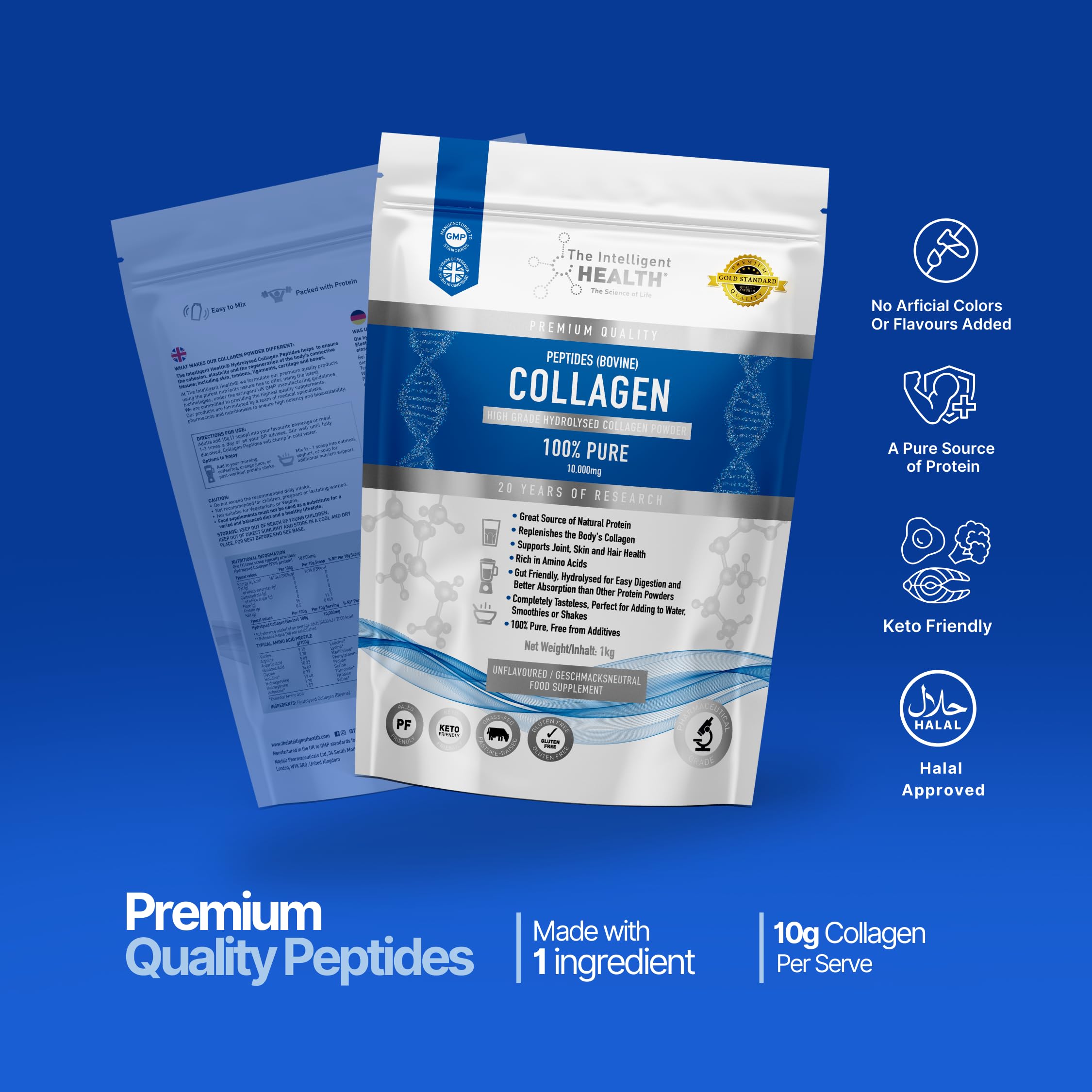 The Intelligent Health collagen powder packaging highlights gluten-free and paleo-friendly features
