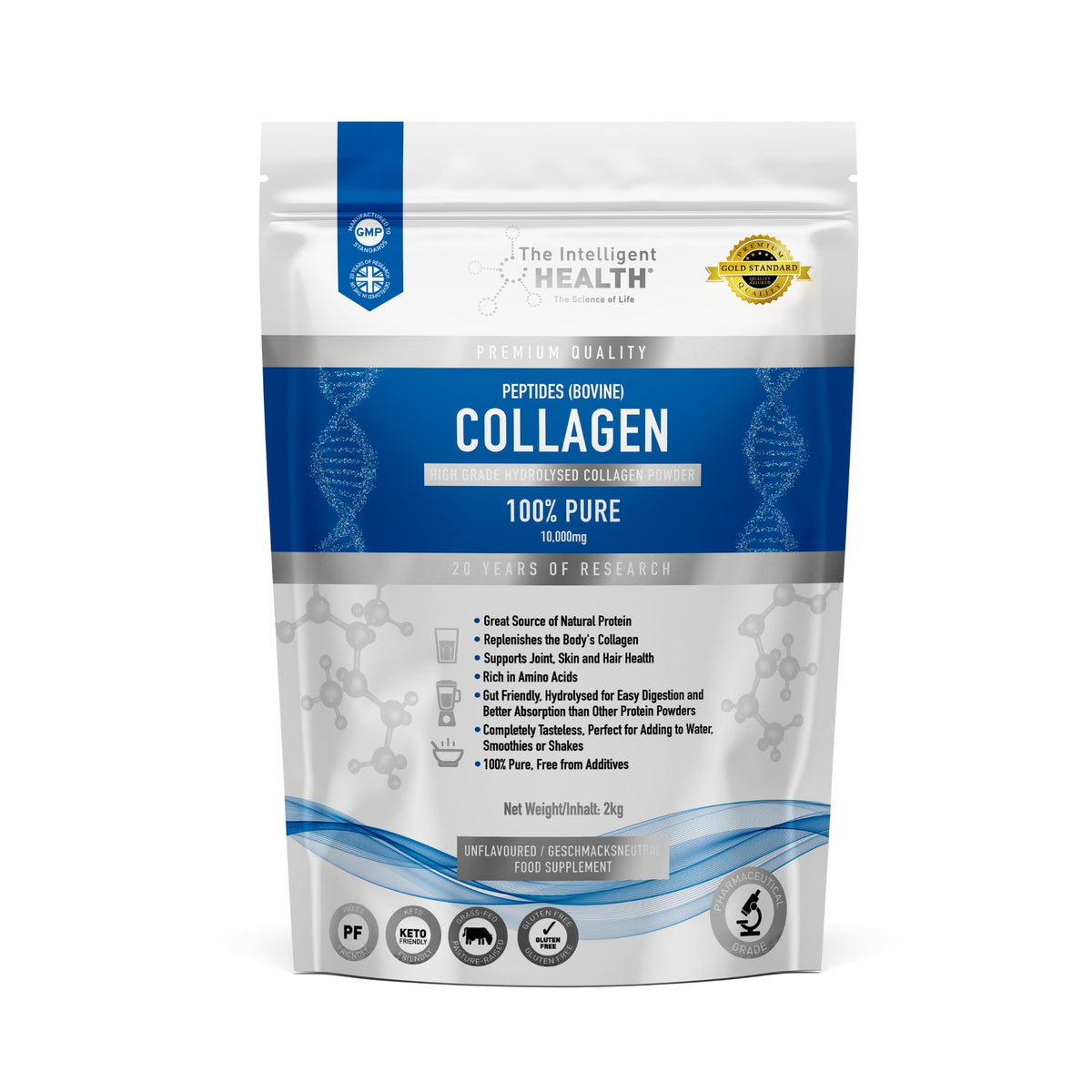 The Intelligent Health collagen powder bottle front view; unflavoured and versatile for mixing.