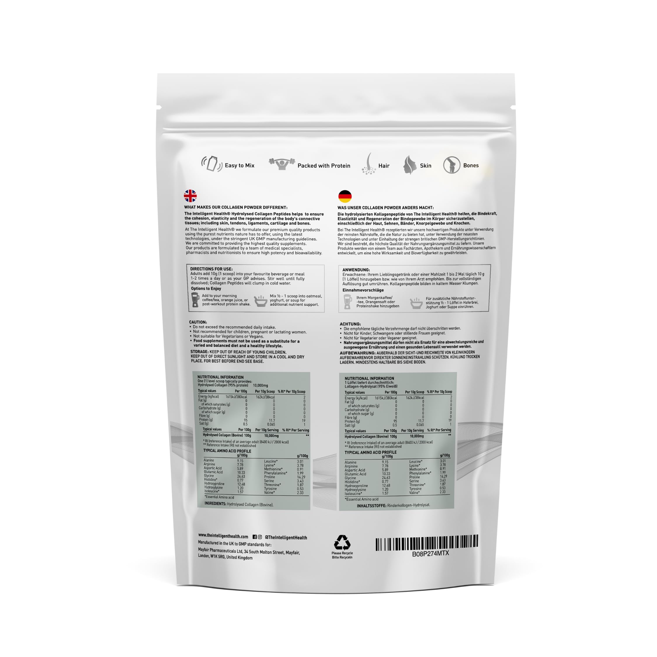 The Intelligent Health collagen powder tub side view; easy scooping for daily use.