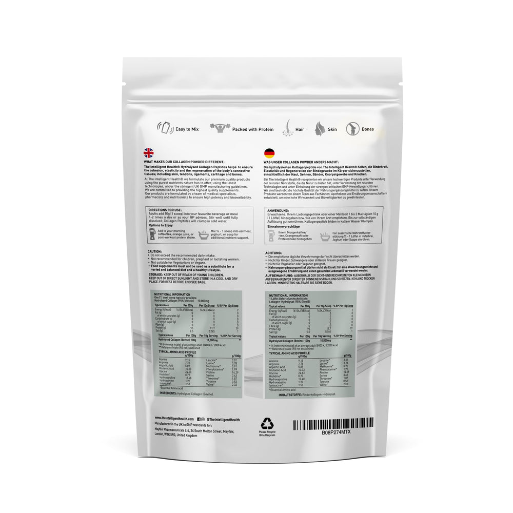 The Intelligent Health collagen powder tub side view; easy scooping for daily use.