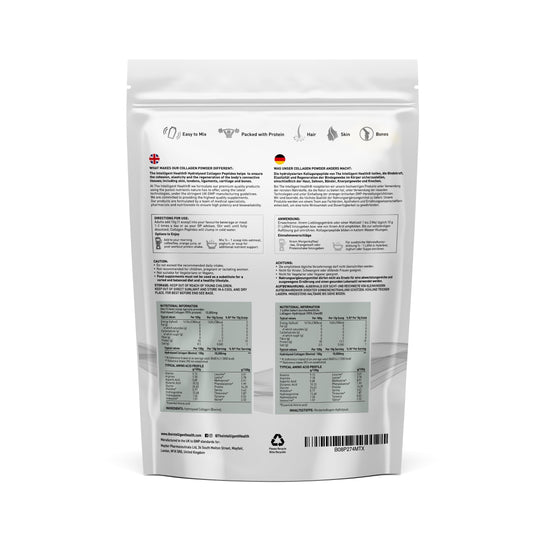 The Intelligent Health collagen powder tub side view; easy scooping for daily use.