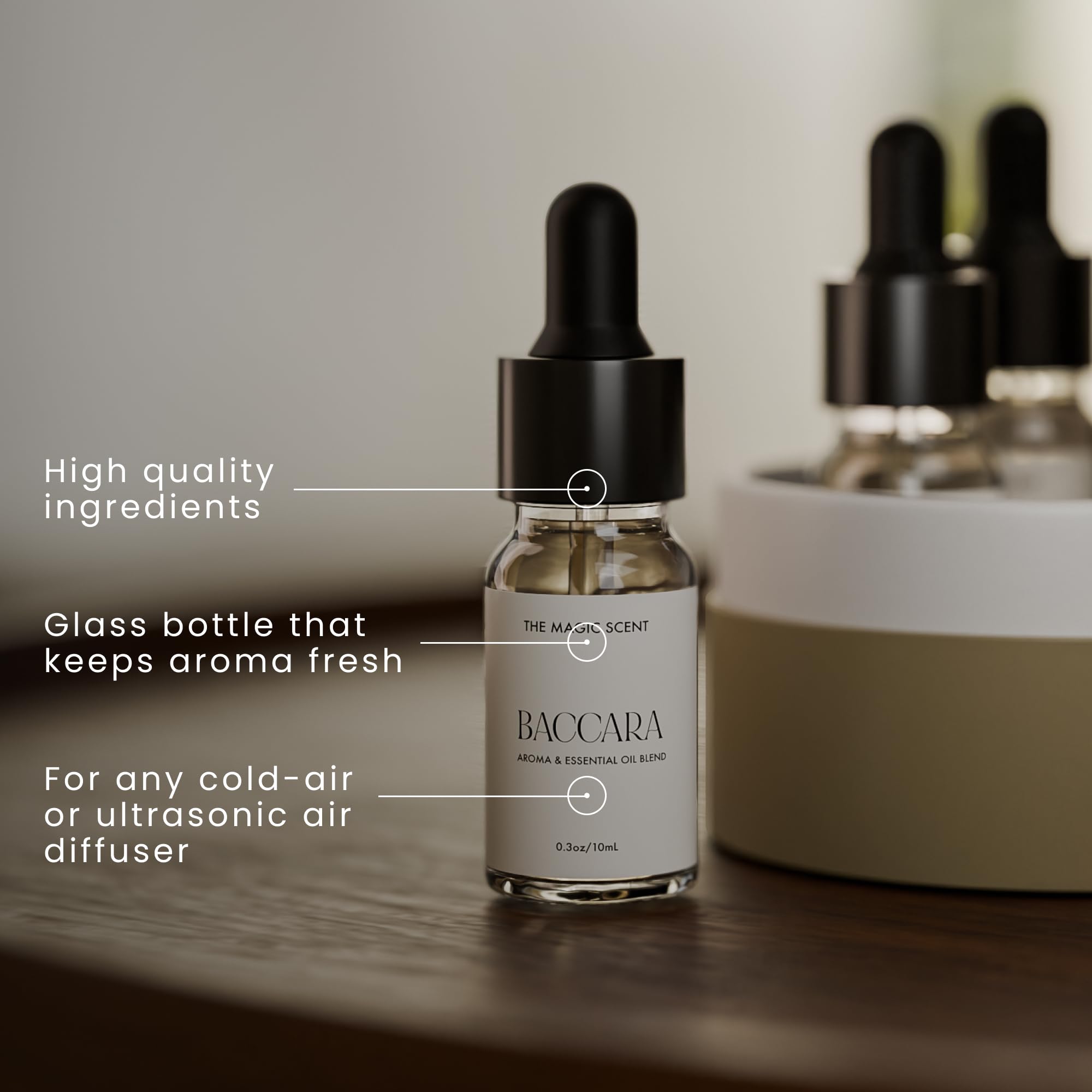 The Magic Scent Baccara 10ml diffuser oil bottle adds elegant atmosphere.