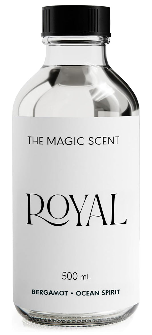 The Magic Scent Royal Hotel Diffuser Oil bottle on a tray for refined room ambiance.
