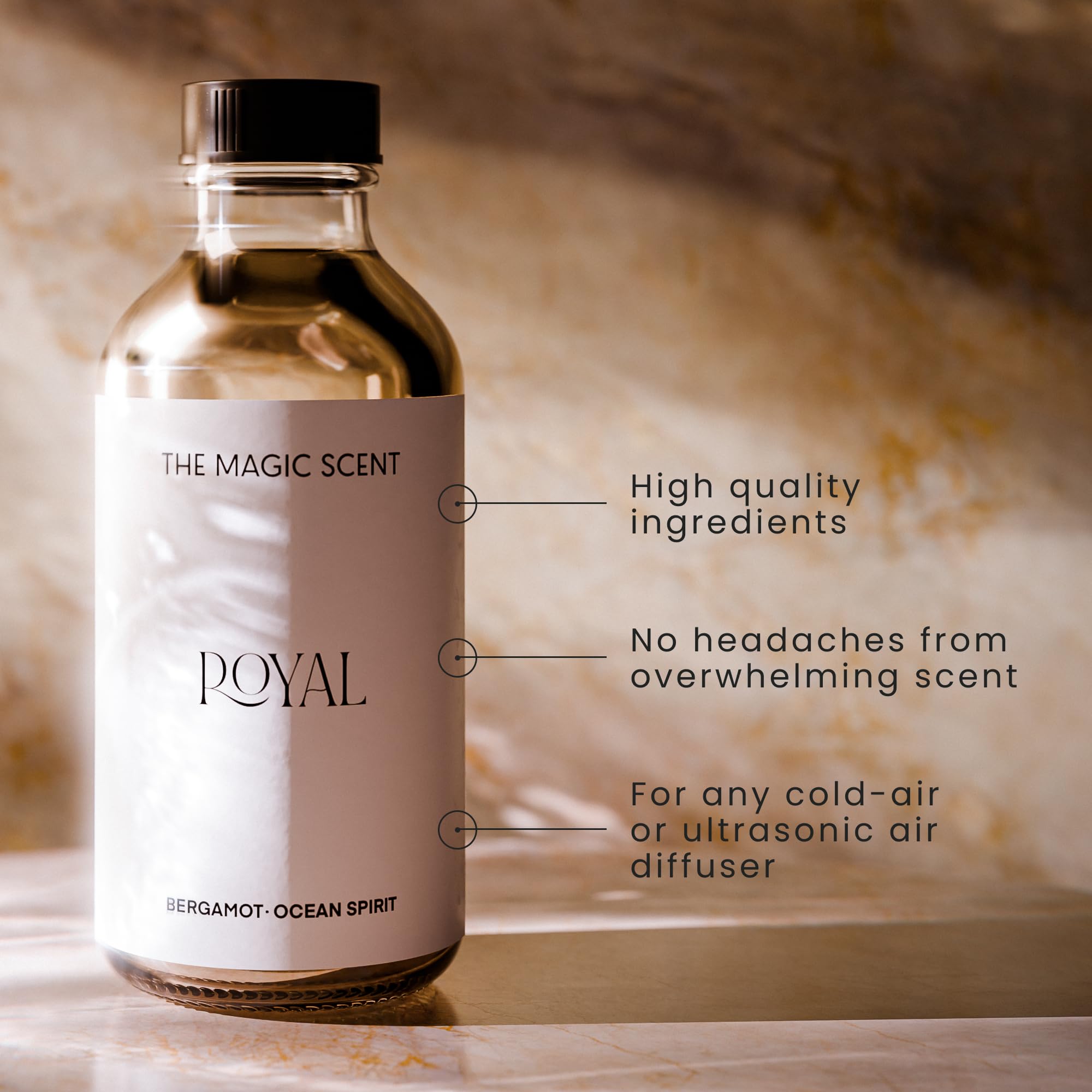 The Magic Scent Royal Hotel oil label close-up showing elegant luxury branding.