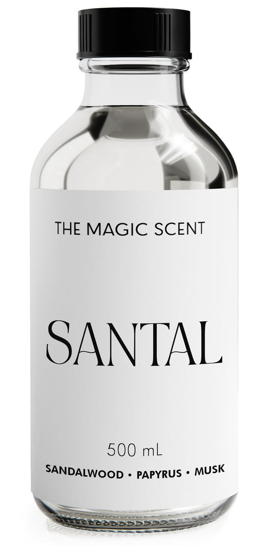 The Magic Scent Santal diffuser oil bottle for warm, inviting home fragrance.