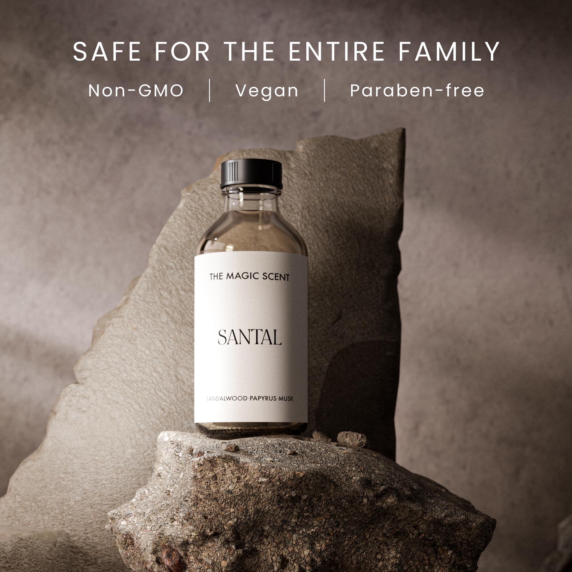 The Magic Scent Santal oil label closeup highlighting premium notes and branding.