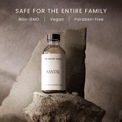 The Magic Scent Santal oil label closeup highlighting premium notes and branding.