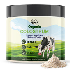 The Monk colostrum powder bottle shows a pure unflavored formula for daily immune and gut support.
