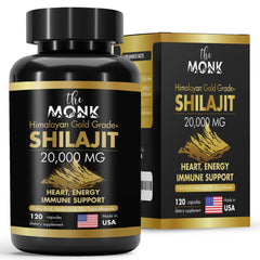 The MONK organic Shilajit gold bottle for energy support.