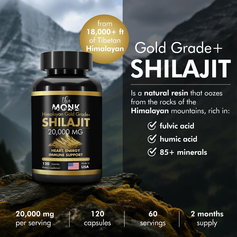 The MONK Shilajit capsules in gold-grade package for daily vitality.