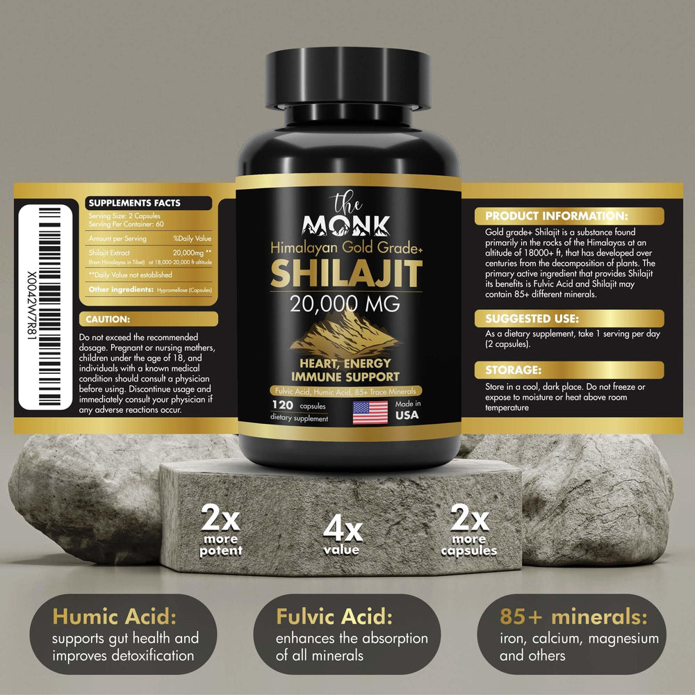 Label close-up on The MONK Shilajit highlighting mineral profile.