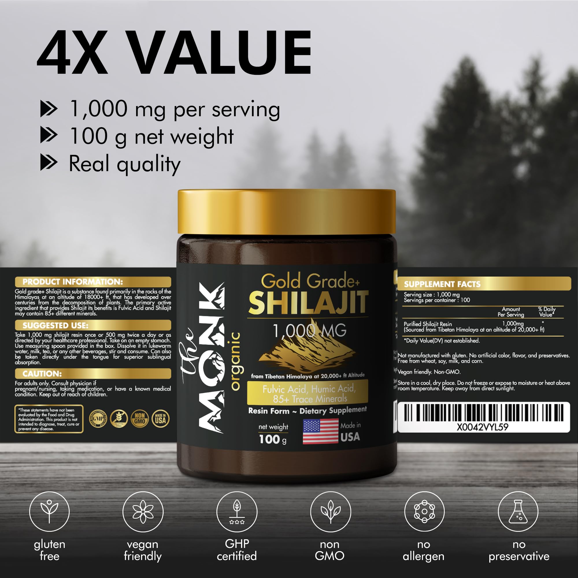 The MONK Shilajit resin 85 minerals bottle highlights mineral profile