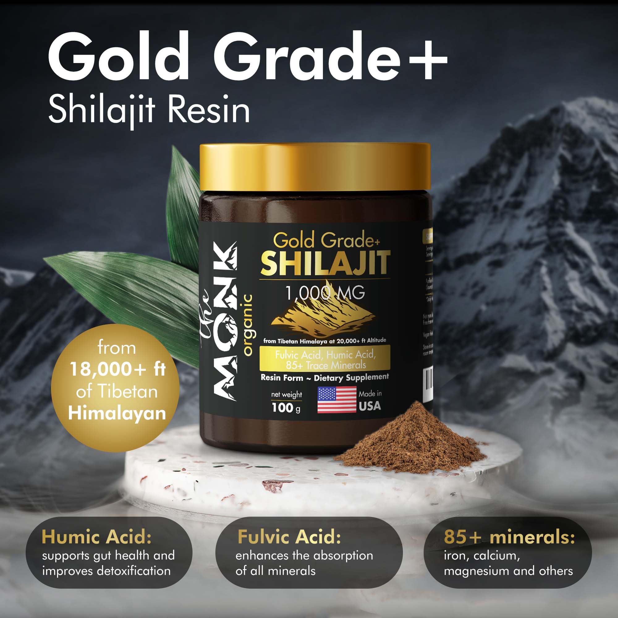 The MONK Shilajit resin fulvic acid closeup emphasizes minerals