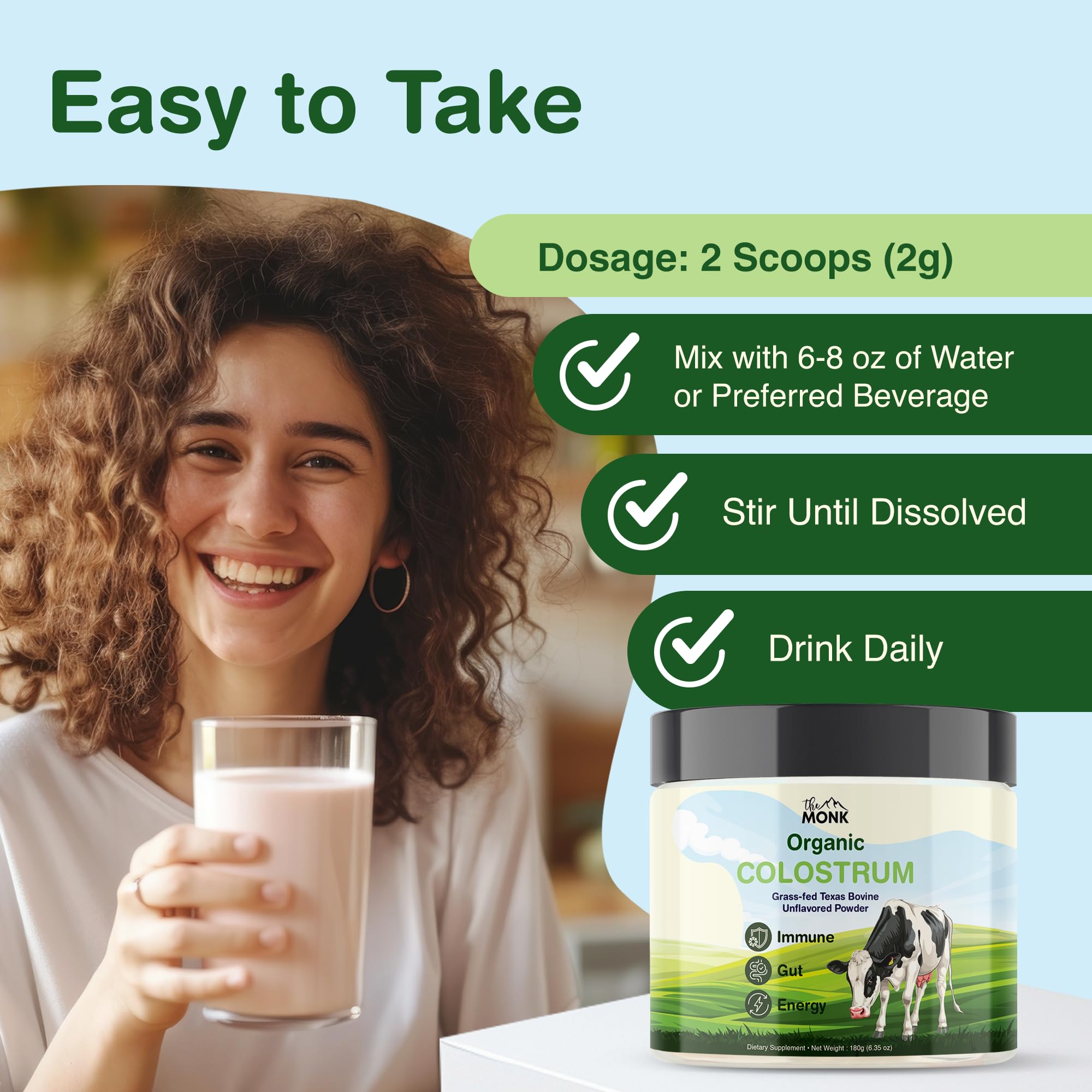 The Monk unflavored colostrum label communicates purity for versatile recipes.