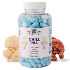 The Mushroom Society Chill Pill bottle front promotes calm and focus.