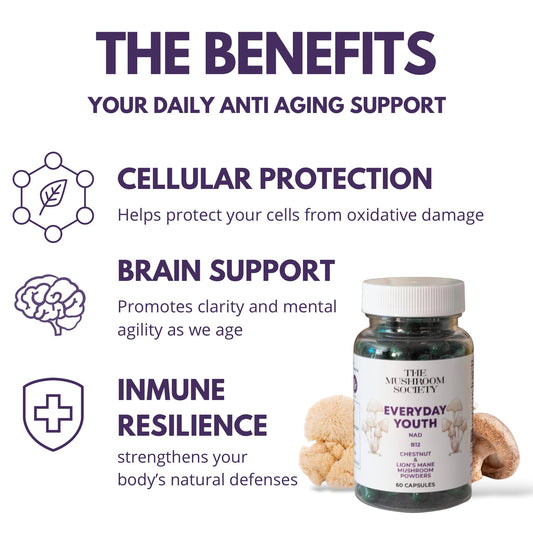 Everyday Youth capsules close-up, a vegan daily supplement for vitality.