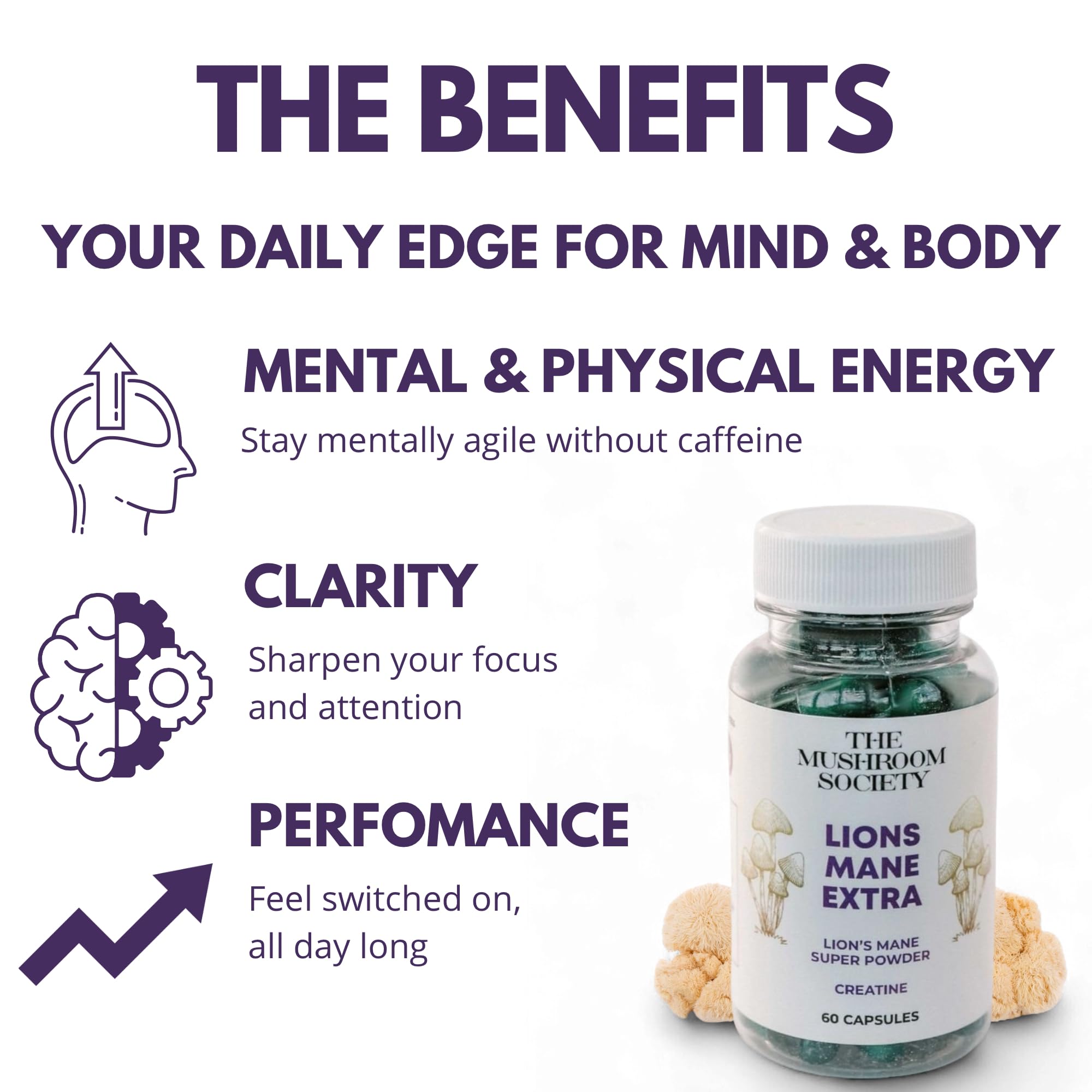 The Mushroom Society Lion’s Mane Extra capsules close-up highlighting the 1000 mg blend