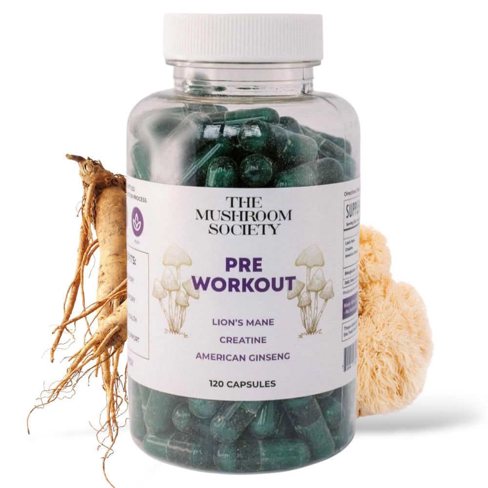 The Mushroom Society pre-workout bottle front showing stimulant-free energy for workouts.