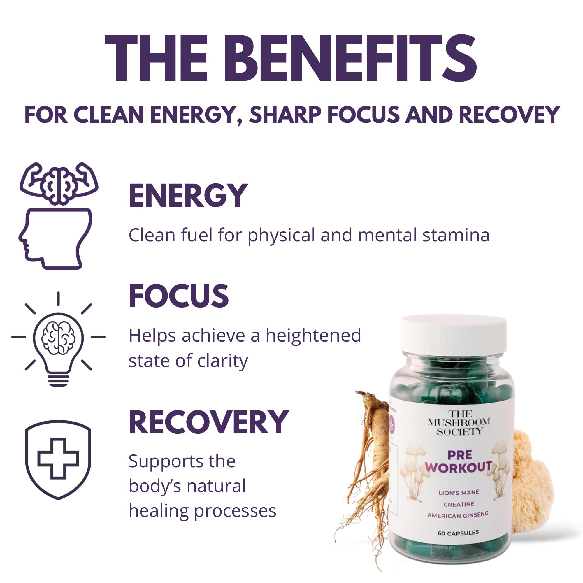 The Mushroom Society pre-workout ingredients label highlights creatine, Lion’s Mane, and beta-glucans for focus.