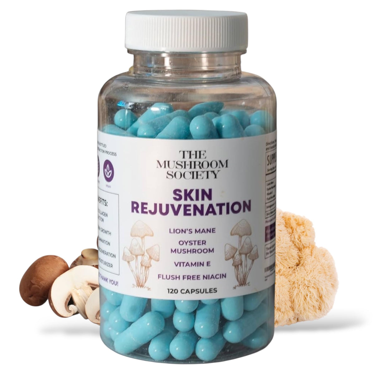 The Mushroom Society skin rejuvenation bottle with capsules for daily hydration and glow.