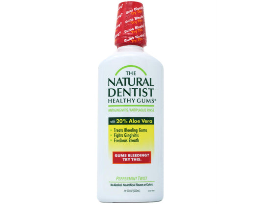 The Natural Dentist Healthy Gums Mouthwash bottle promotes fresh breath and gum support.