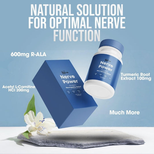 Closeup of Nerve Power capsules highlighting R-ALA 600mg for nerve health.
